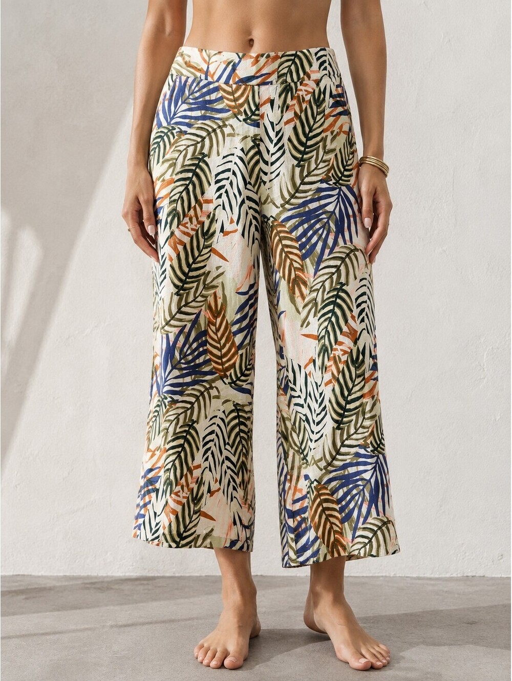 Tahari 100% Linen Tropical Palm Print Wide Leg Pants Women’s L